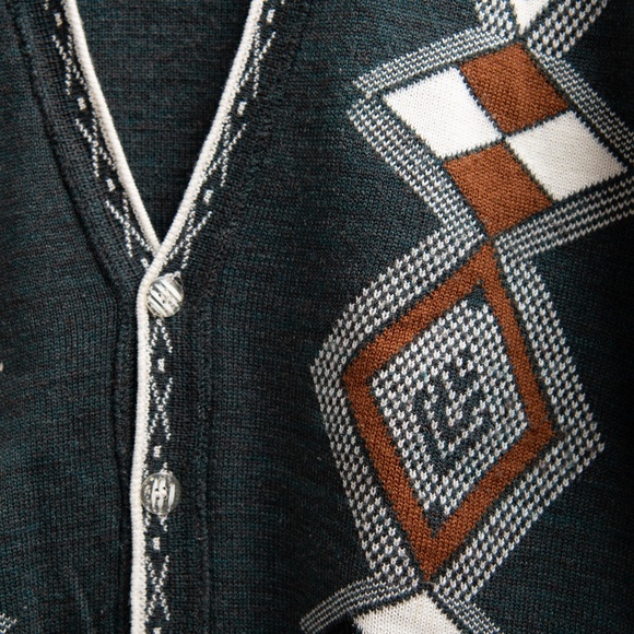 VTG Grandpa Cardigan Sweater Men L Dark Green Geometric Button Up Slouchy Aztec - Picture 3 of 5